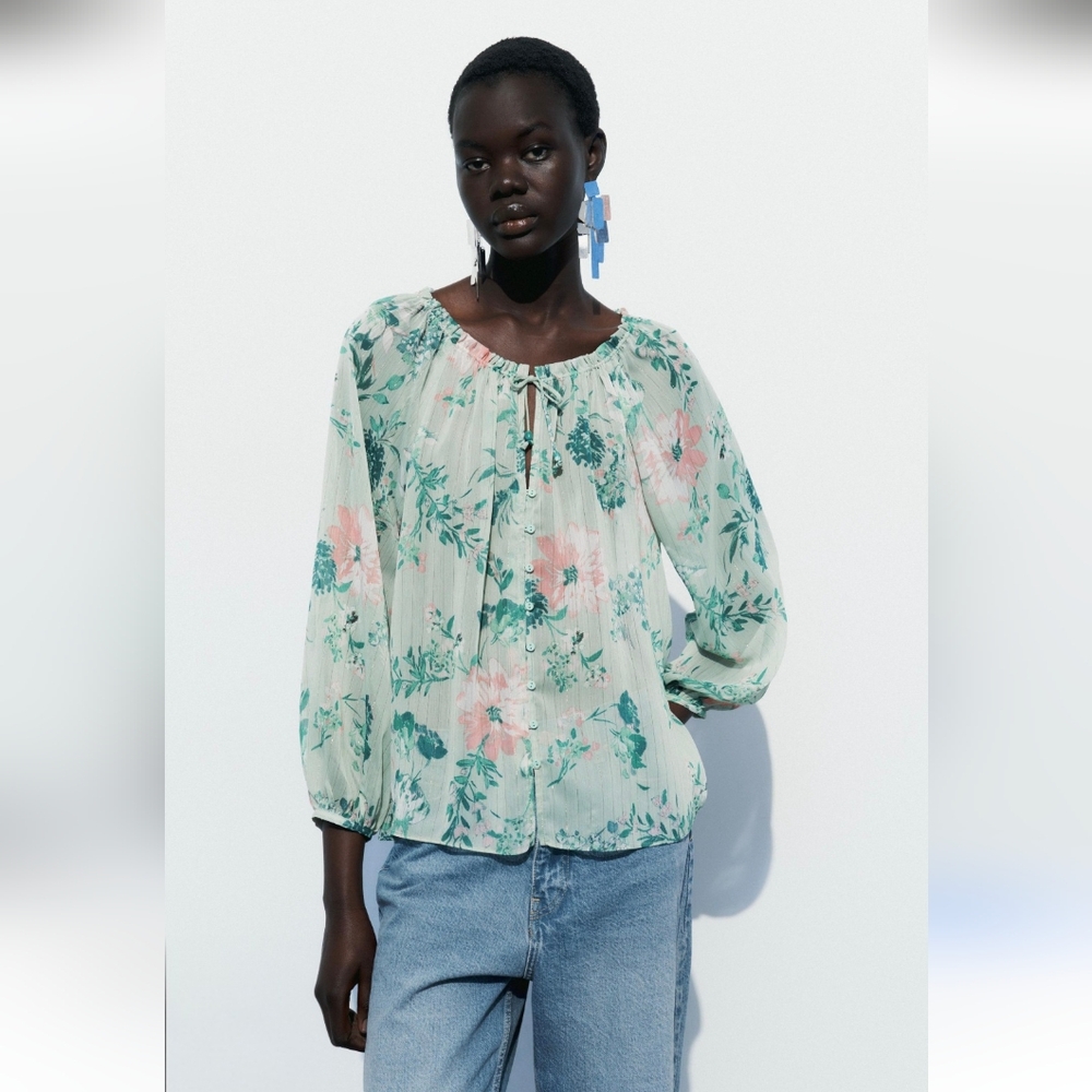 Zara Floral Blouse in Green and Pink